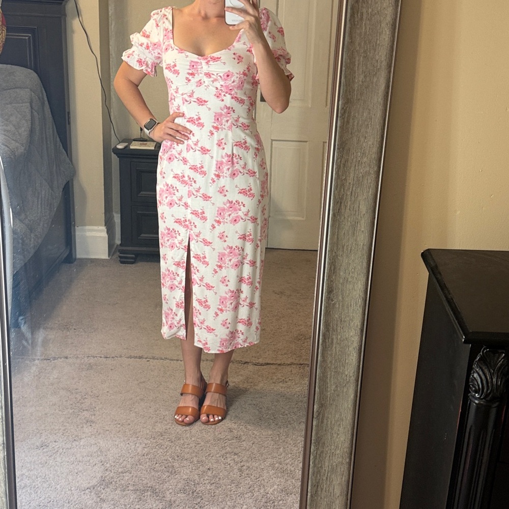 Floral Pink and White Dress with Slit